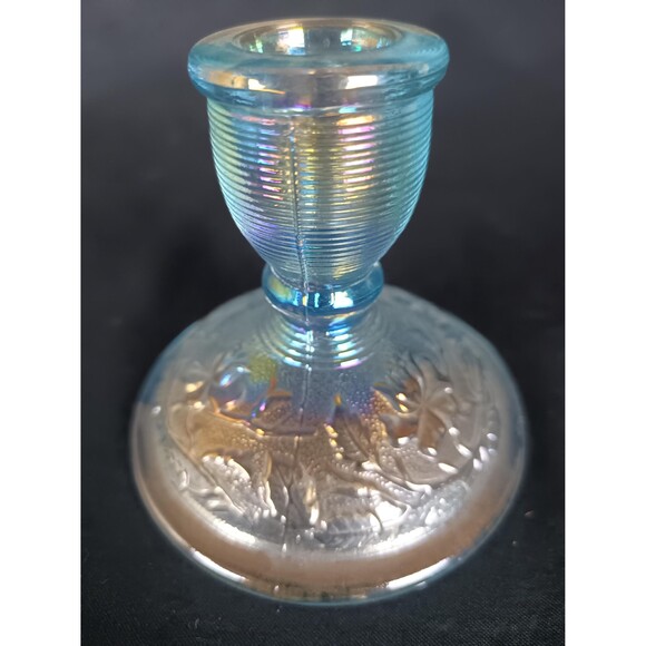 Imperial Glass Candlestick Holder Small Blue Iridescent Carnival Glass Lenox - Picture 4 of 8